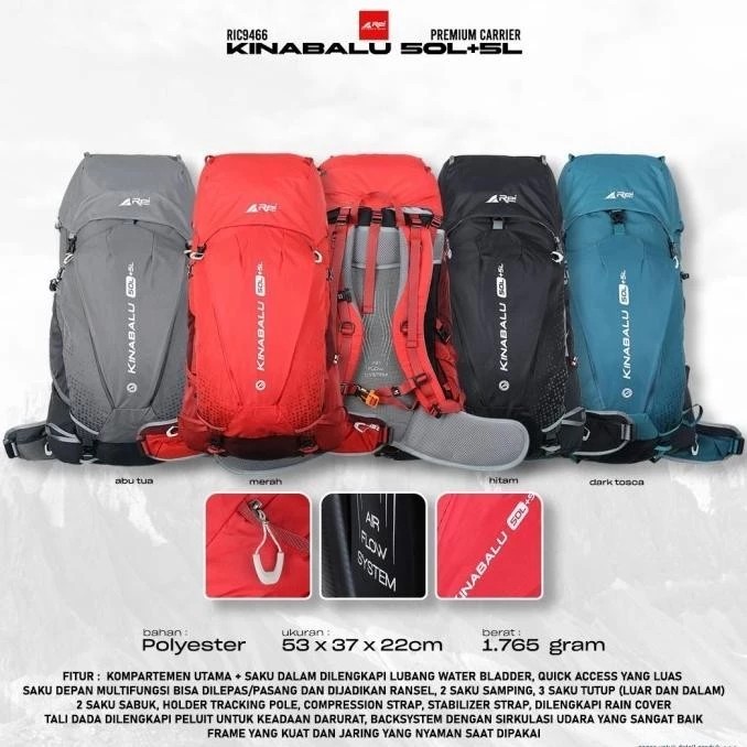 Tas Gunung REI / Carrier Premium Kinabalu 50L+5 Liter Arei Outdoorgear Quick Access + Rain Cover