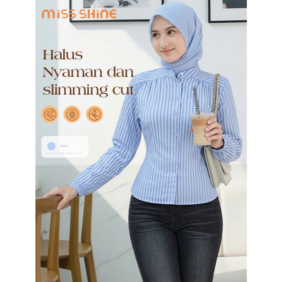 MISSSHIEN Kemeja Wanita Blus Atasan Kekinian Warna Biru Motif Stripe Bergaya Korea untuk Gaya Harian