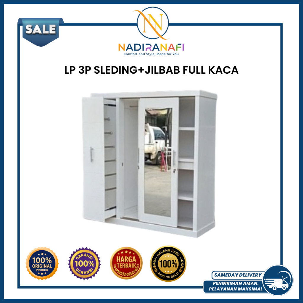 NADIRANAFI Lemari Pakaian Sliding Jumbo Rak Jilbab Full Kaca Lemari Baju Sultan 3 Pintu