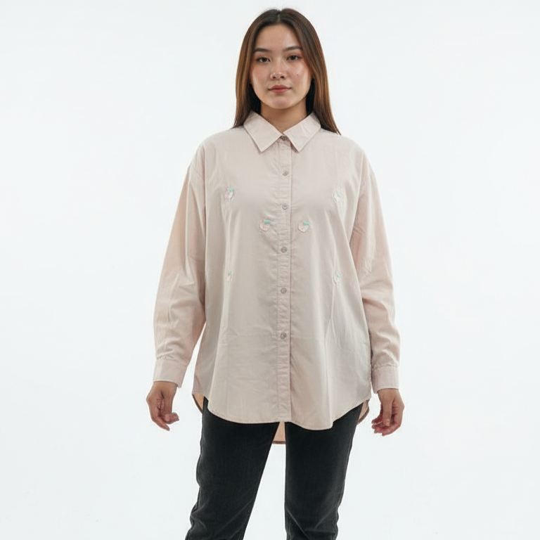 Jie Mei Kemeja Wanita Oversize Lengan Panjang Bahan Katun Impor LD 126cm