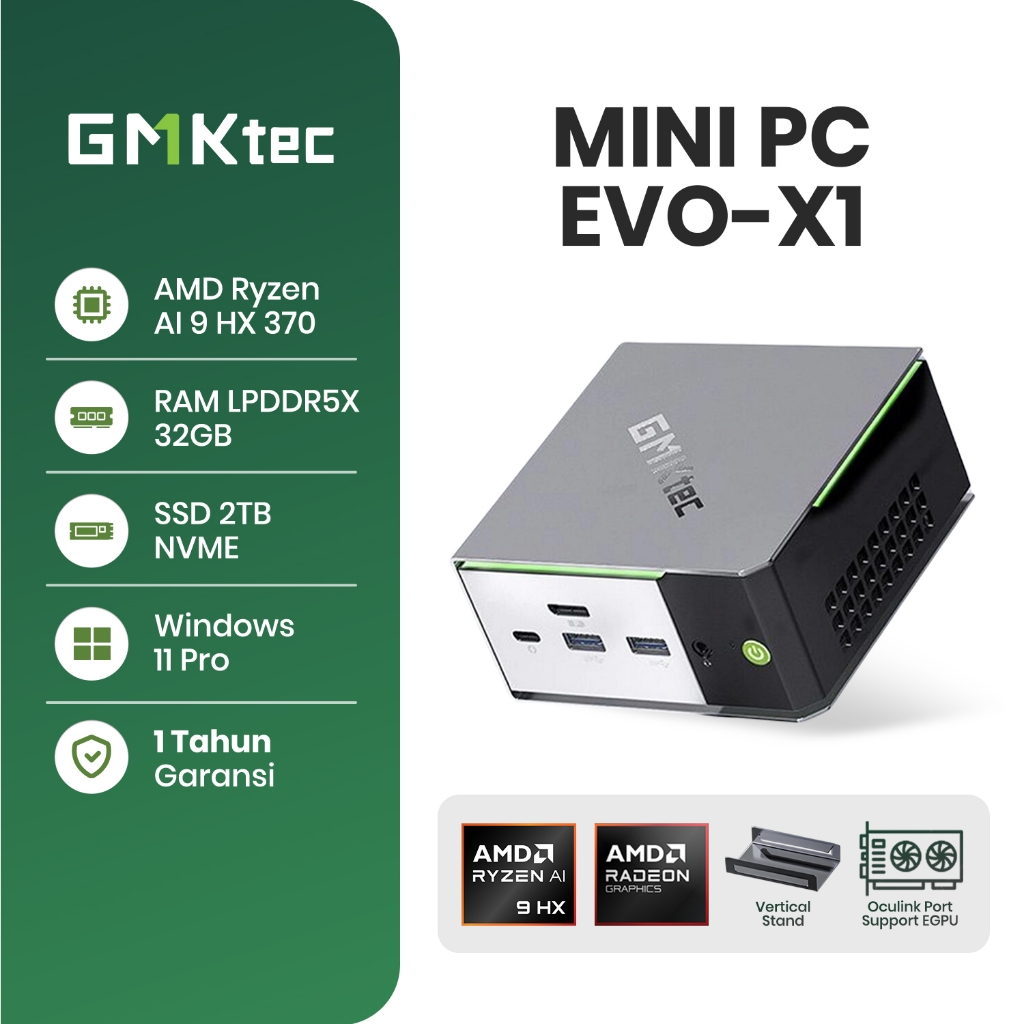 GMKtec EVO-X1 Mini PC Gaming Ryzen AI 9 HX-370 RAM 32GB LPDDR5X 2TB SSD NVME - 8K DISPLAY