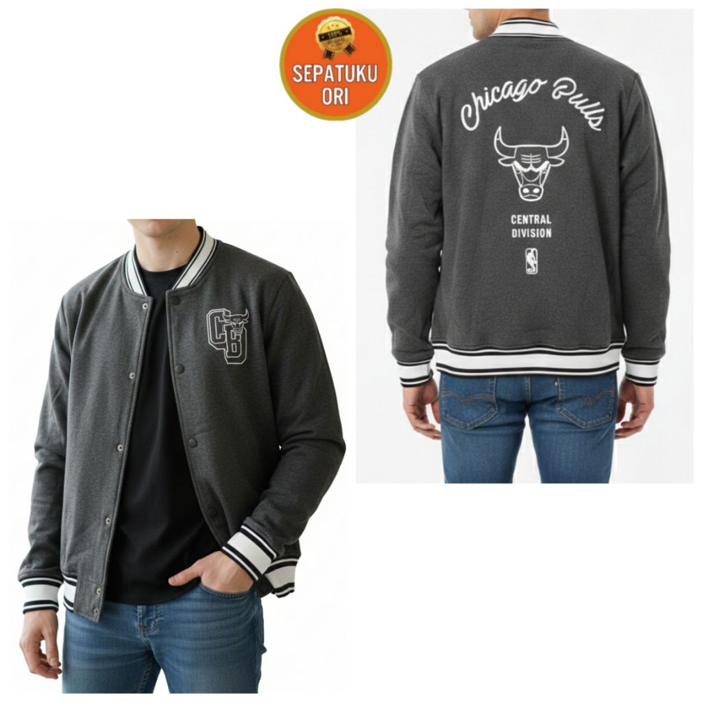 JAKET PRIA VARSITY MENS CHICAGO BULLS BLACK AND DARK GREY NEW BNIB