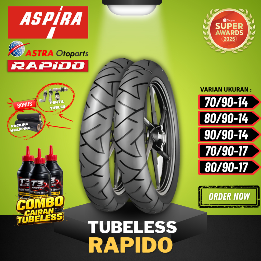 BAN ASPIRA RAPIDO TUBELESS (70/90 - 80/90 - 90/90) / BAN LUAR TUBLES ASPIRA MAXIO RAPIDO RING 14 / R