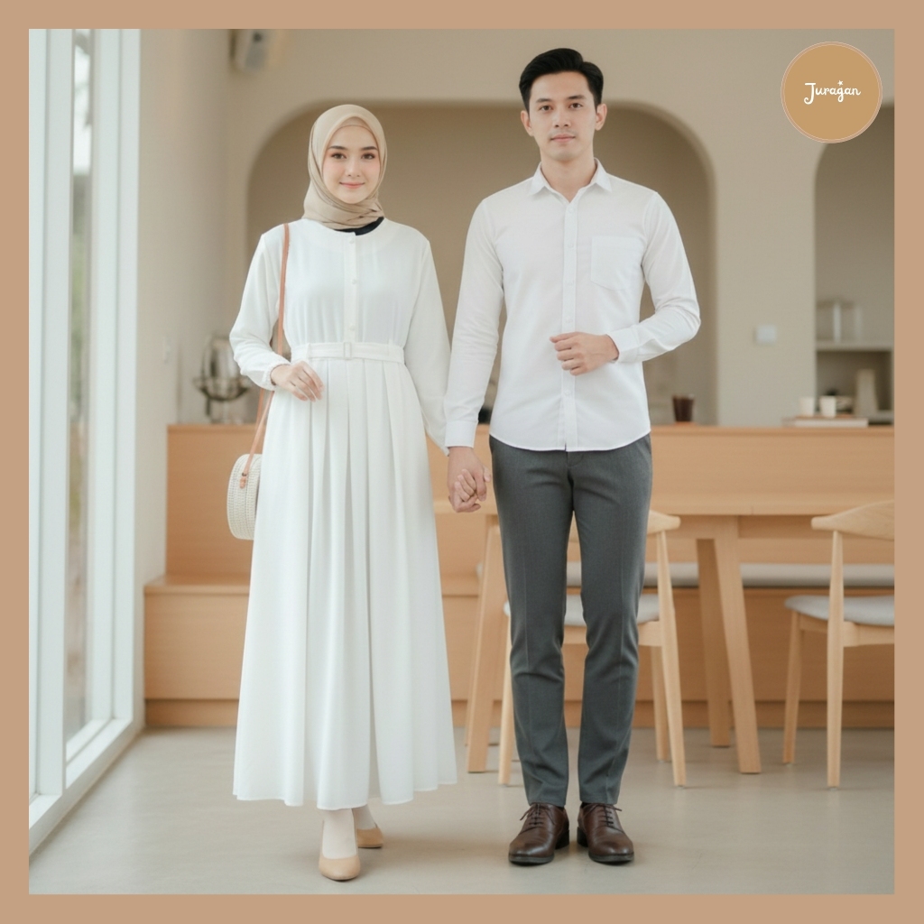 Gamis Couple Pasangan Muslim Kekinian Harmonis Putih by Juragan Baju Muslim