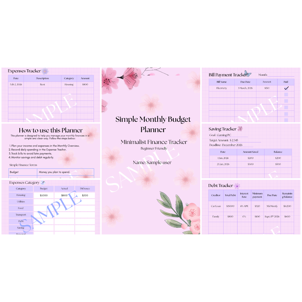 Simple Monthly Budget Planner A5(Editable Canva & Printable)