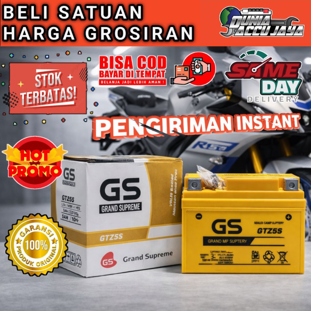 Aki motor kering bergaransi GS MF Gtz5s 12v 4ah VRLA sealed mantanance free Gs gold calcium Honda Be
