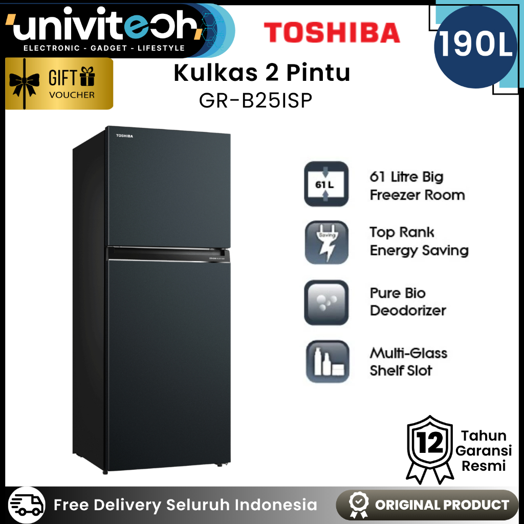 Toshiba Kulkas 2 Pintu 190 Liter Tanpa Bunga Es Low Watt Jumbo Freezer Anti Bakteri - GR B25ISP