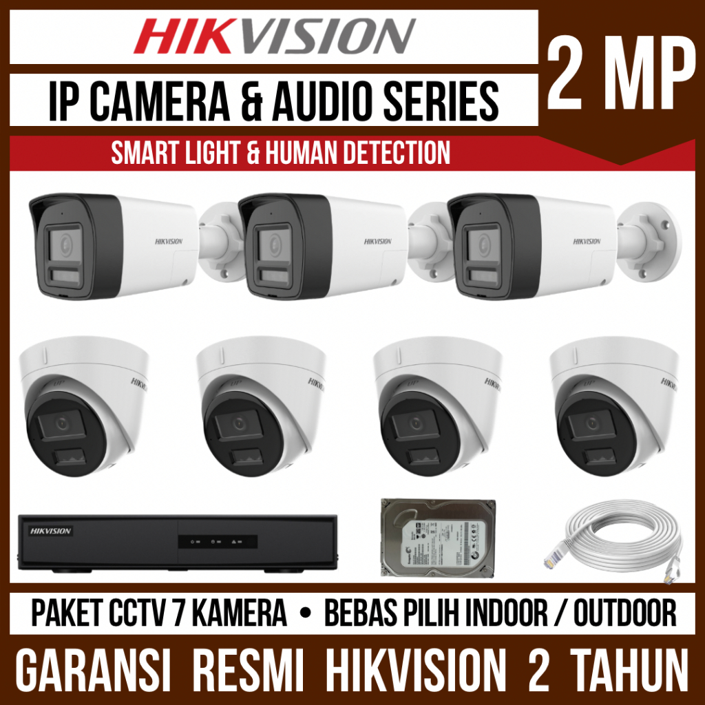Paket CCTV Hikvision IP Camera 2MP 8 Channel 7 Kamera Smart Hybrid Light Audio IP Cam
