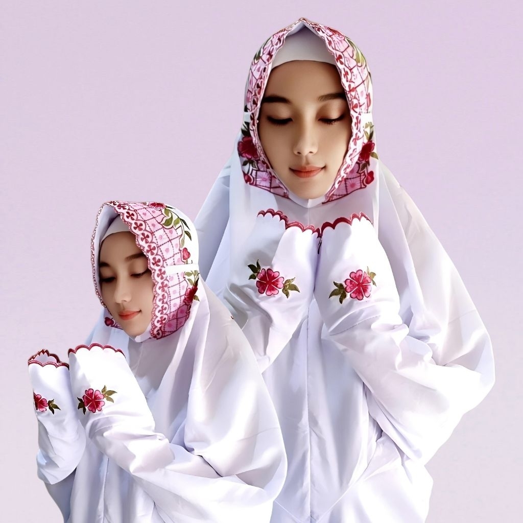 Mukena Terusan Bodir Bunga Poppy | Katun Mikro Premium Hitam | Elegan & Mewah untuk Ibadah