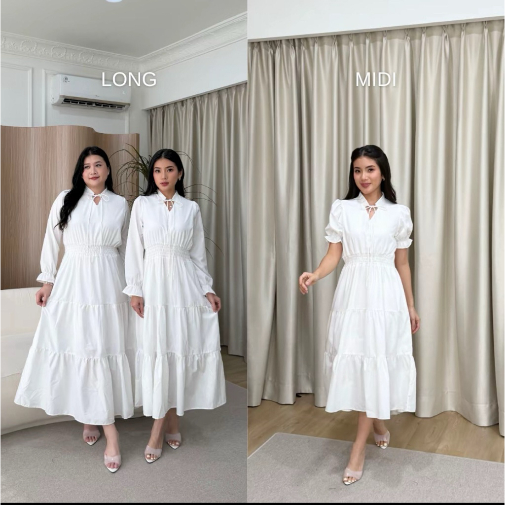 LONG HAY DRES MIDI-LONG DRES-DRES KOREAN-DRES ELEGAN PUTIH KEKINIAN