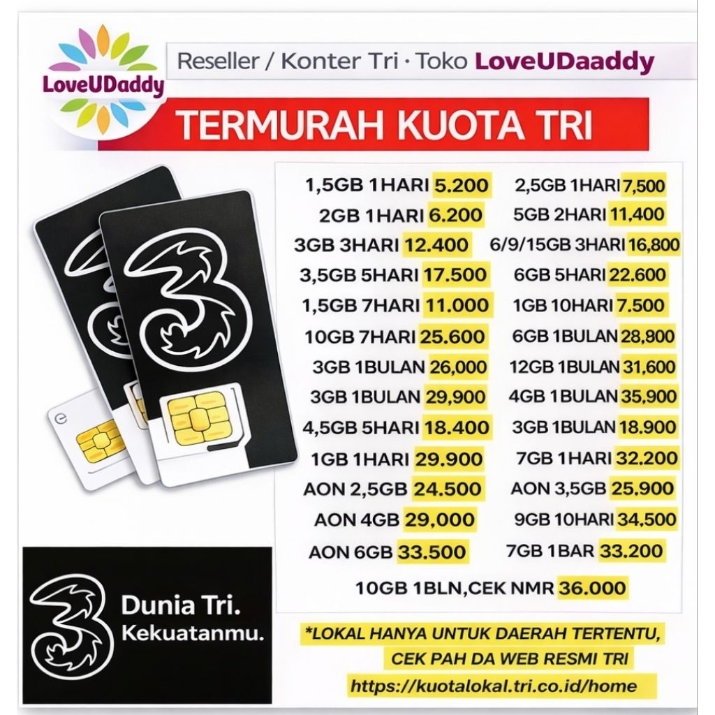 PASTI MURAH PAKET DATA TRI INTERNET TRI HAPPY MINI TRI AON TRI GETMORE 1GB 2GB 3GB 4GB 5GB 6GB 7GB