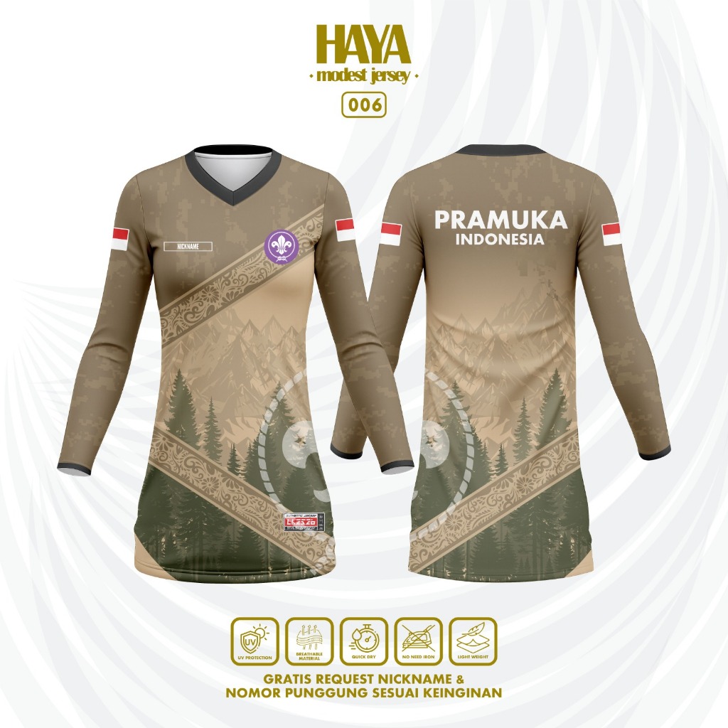 Jersey Tunik Muslimah Pramuka 006 Coklat Custom Nama Nomor – Tunik Wanita Adem Dryfit Premium UV Pro
