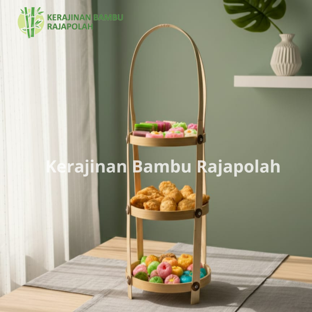Rak susun bambu/Tier susun bambu/Tampah susun bambu/Rak kue basah/Tier makanan bulat susun 3