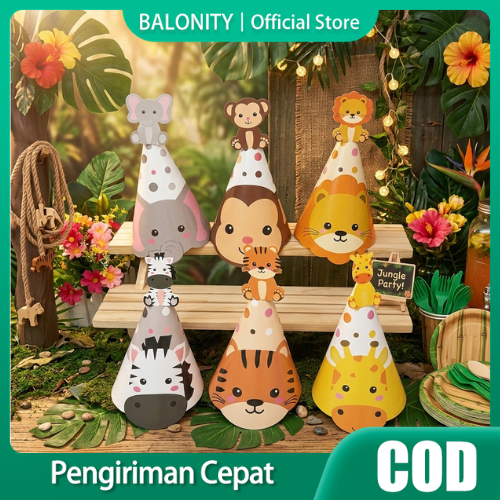 6Pcs Topi Kerucut Ulang Tahun Anak Karakter Hewan Animal Topi Kertas Karton