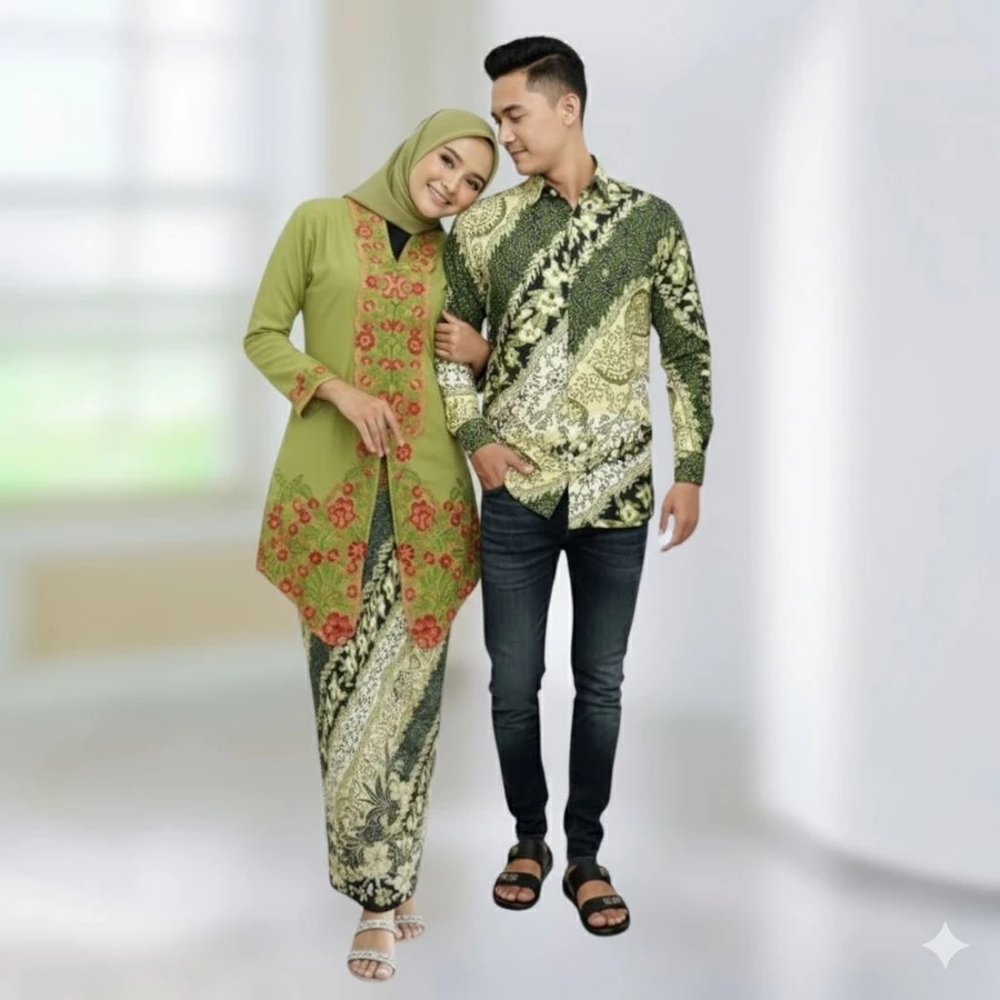 Couple Encim Batik Sarimbit Terbaru - Baju Pasangan Tunangan & Lamaran Motif Mewah Sage Series