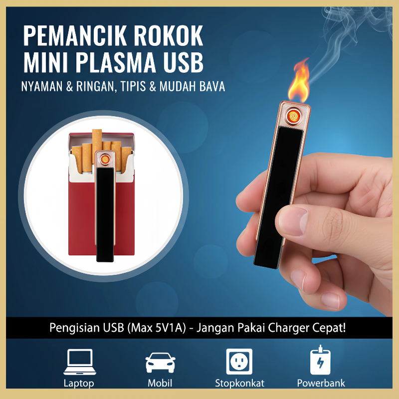 Korek Api Elektrik Cas USB Tipis Anti Angin Kawat Wolfram Masuk Kotak Rokok Mini Pematik Api Listrik