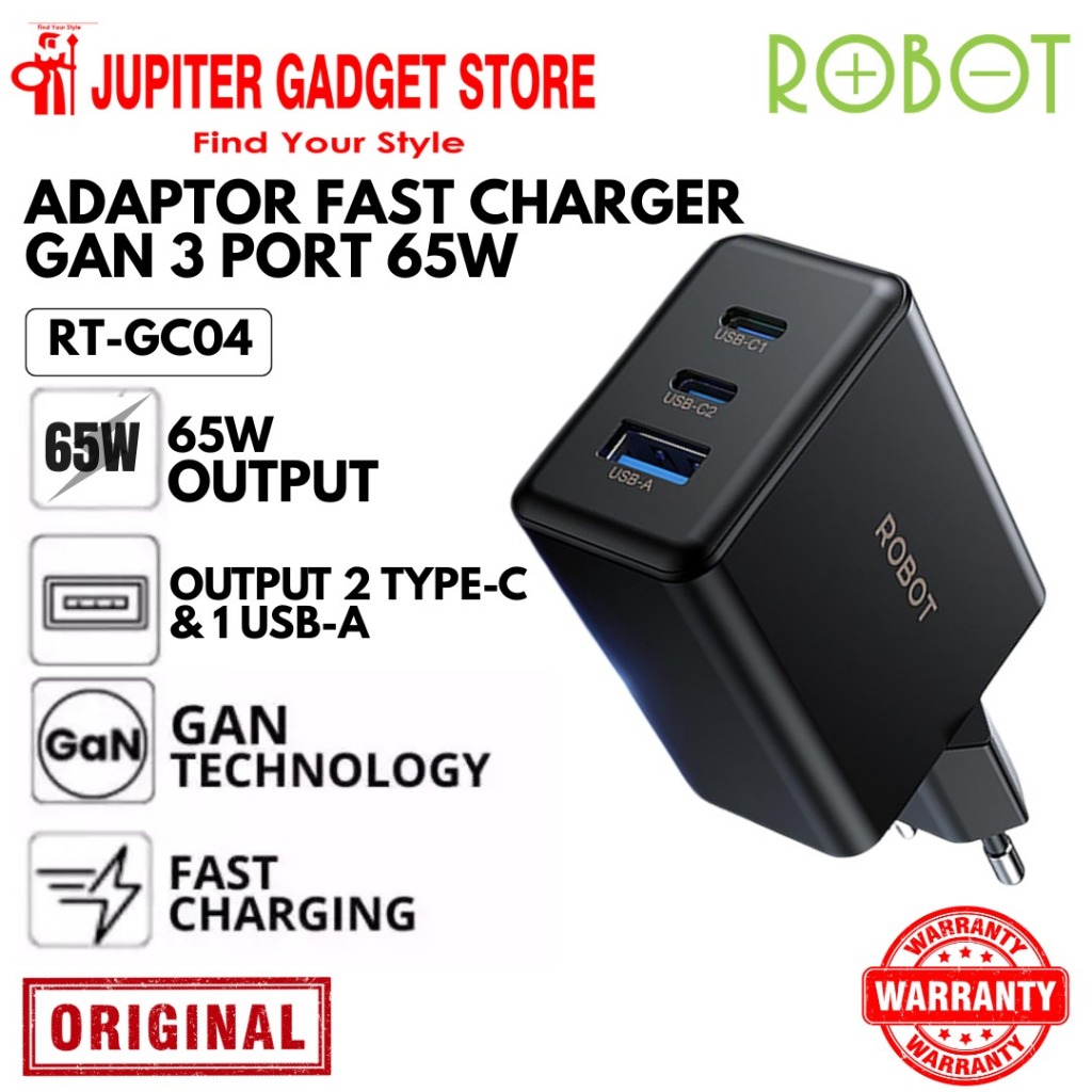 ROBOT RT-GC04 65W GaN Golden Series Charger Fast Charging 3 Port