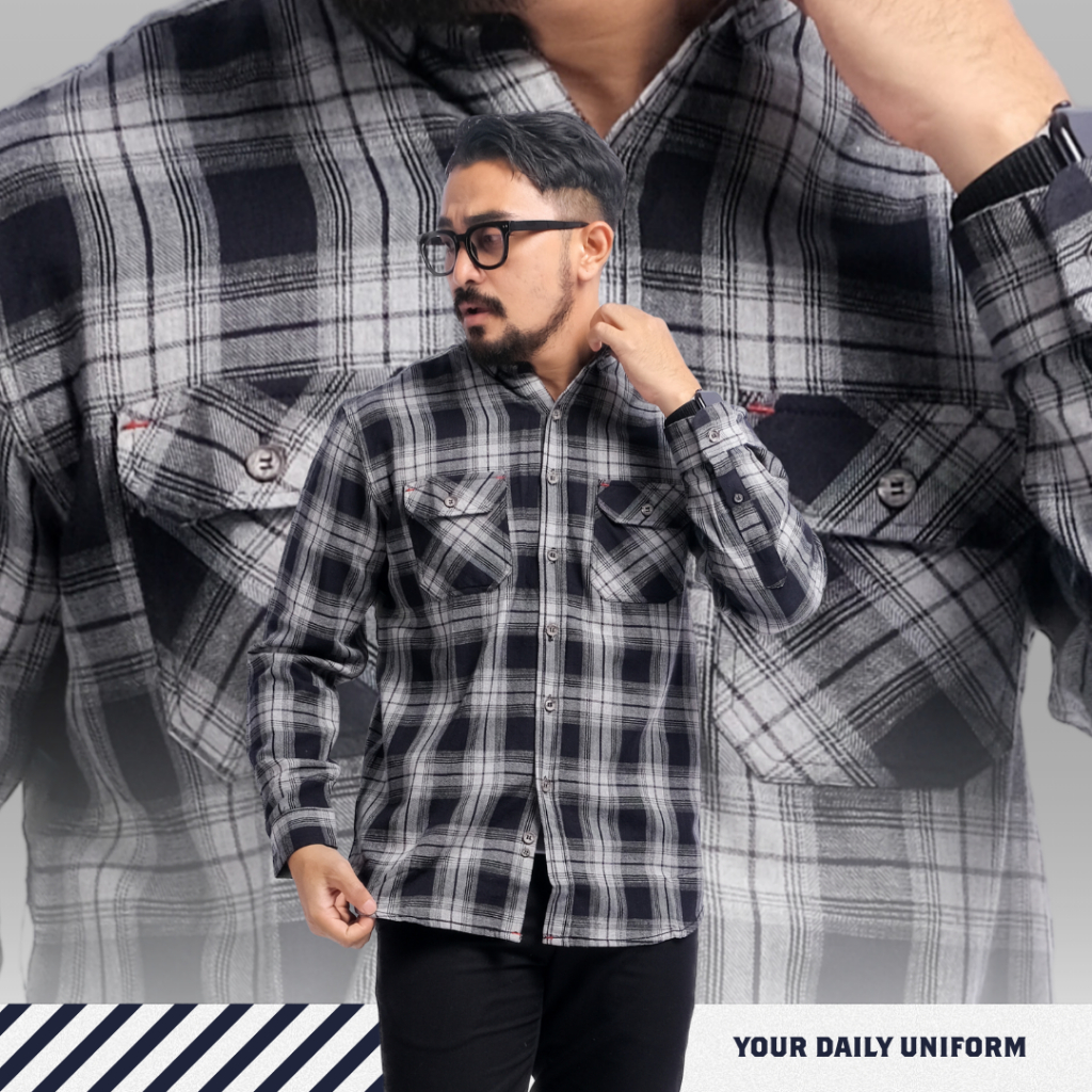 DGM Kemeja Flanel Pria Lengan Panjang Hitam Abu Kemeja Pria Flanel Pria Kemeja Panjang 2074