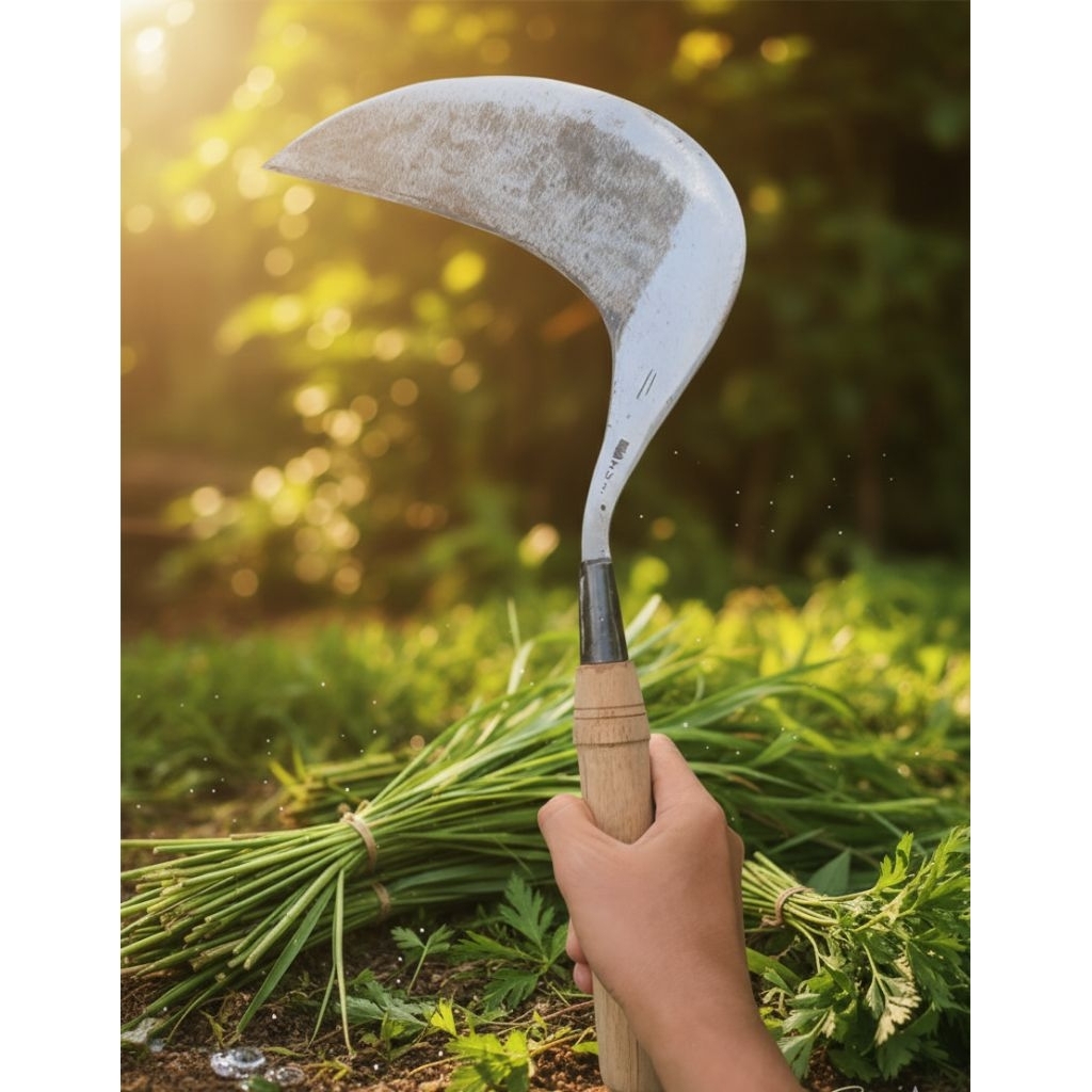 Arit Sabit Rumput Baja Isen Premium Gagang Kayu Jati Super Tajam 45cm Sabit Padi Alat Kebun Berkuali