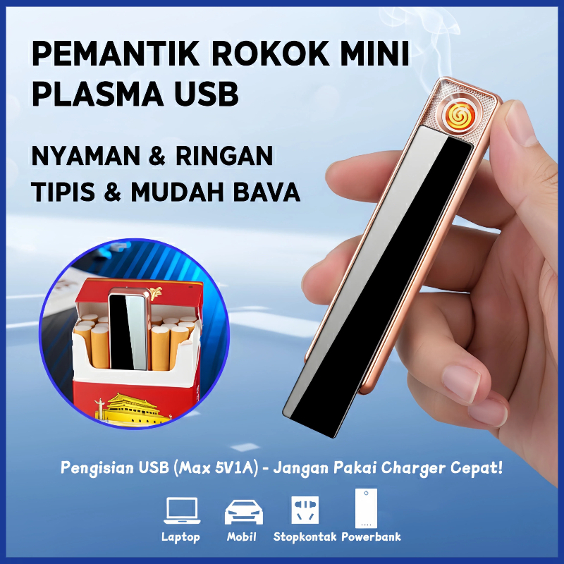 Korek Api Elektrik Tipis Cas USB | Pematik Api Slim Bisa Masuk Kotak Rokok | Korek Anti Angin Mini