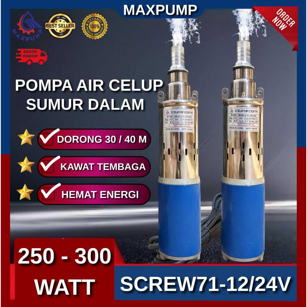 MAXPUMP Pompa Air Sumur 30 meter Tenaga Surya 300W Angkat Tinggi 30m Pompa Sumur Dalam DC Pompa Subm