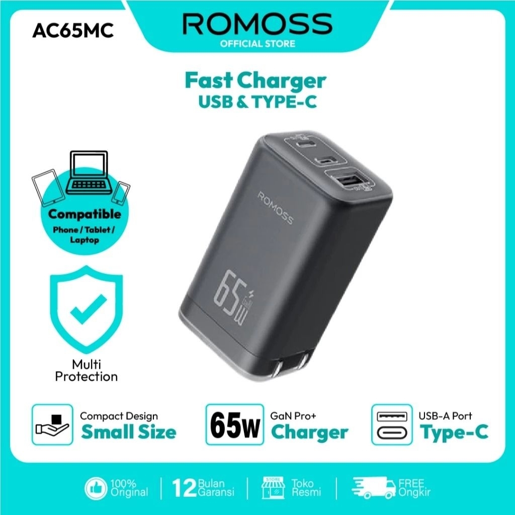 [Romoss AC65MC] 65W GaN Fast Charger | Adapter Pengisian Daya Super Cepat PD QC3.0 | Charger Laptop 