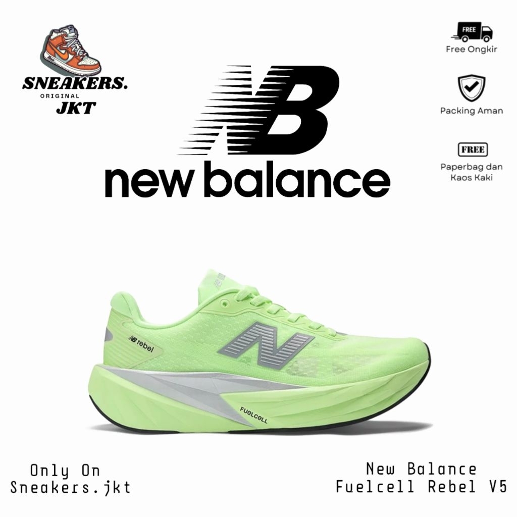 Sepatu Running New Balance Fuelcell Rebel V5 Lab Green/White Silver Metallic Women's Original