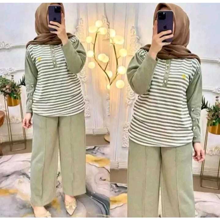 PROMO TERMURAH  Setelan Olilla Baju Celana Dewasa Terbaru 2025 Wanita Hitam Premium  Stripes Fit To 