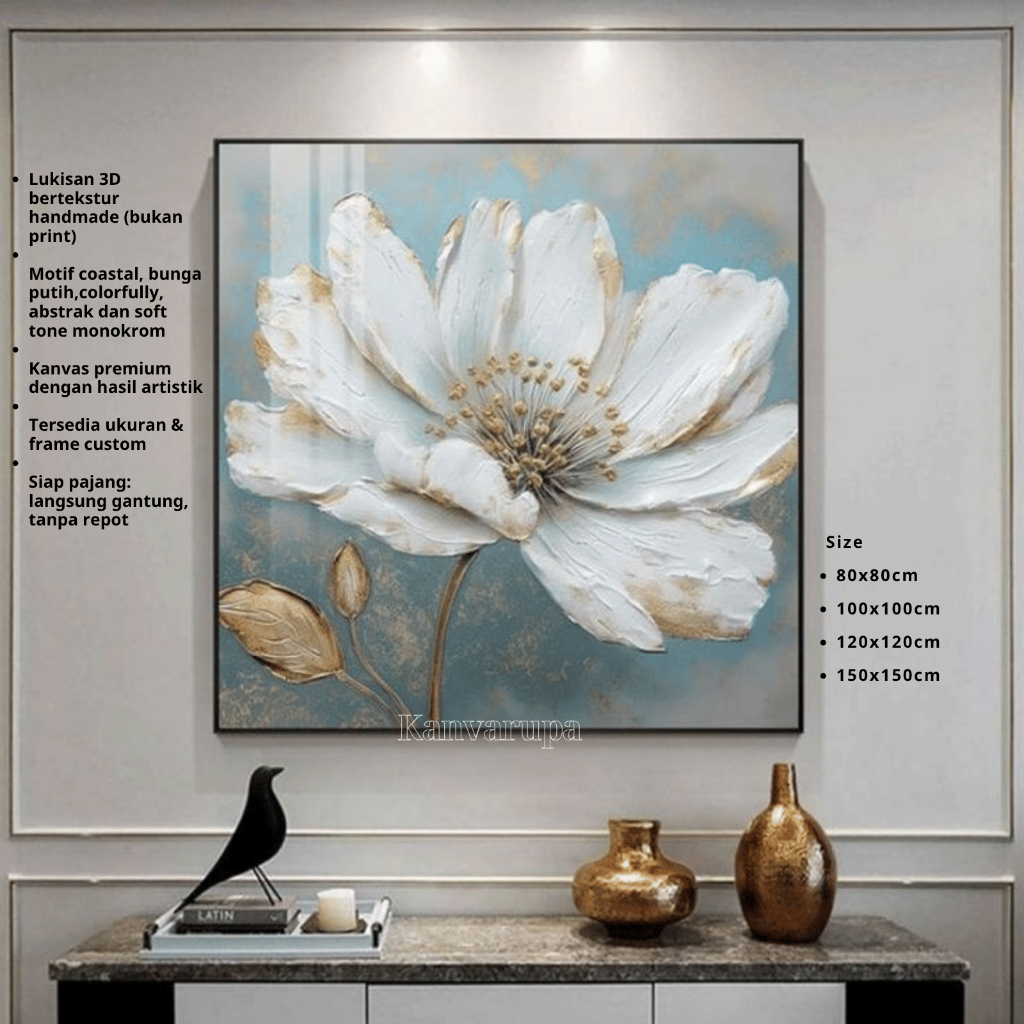 Lukisan Bunga Peony – Wall Art Lukisan Romantis Dekorasi Kamar Tidur Modern Minimali Siap Pajang