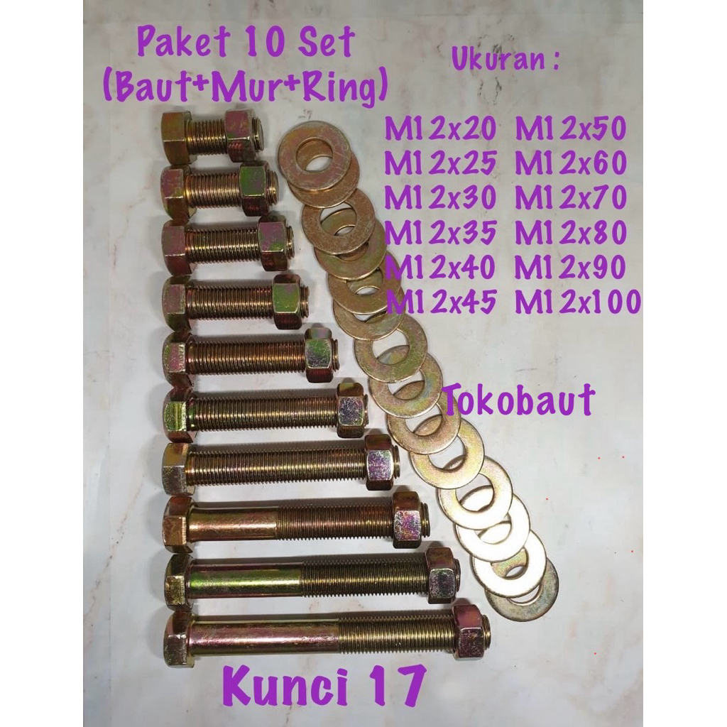 (paket 10 set) baut 17 (12mm) x (panjang 2cm - 10cm) + mur + ring
