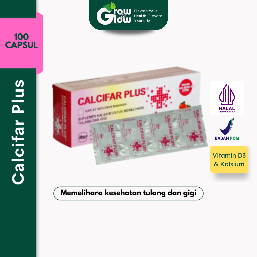 Calcifar Plus Box 100 Kaplet Kalsium Vitamin D3 || Calcifar Plus Kaplet Kunyah Kalsium Dewasa Anak