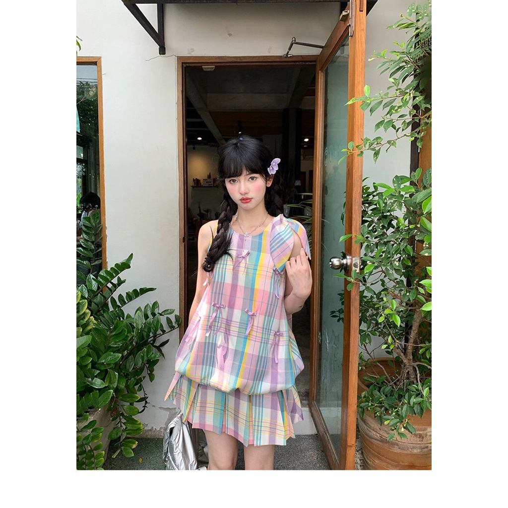 One Set Outfit Kotak Pastel Wanita Korea