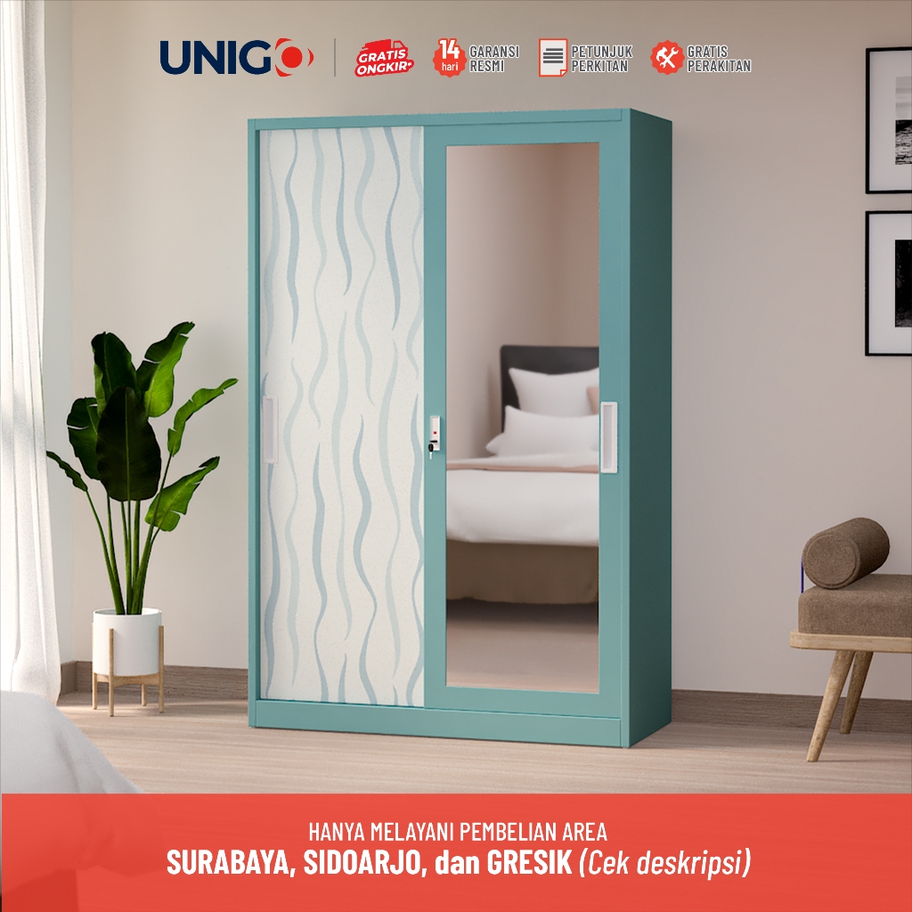 KHUSUS SURABAYA GRESIK SDA UNIGO - Lemari Pakaian Besi 2 Pintu Sliding / Lemari Pintu Geser - Panjan