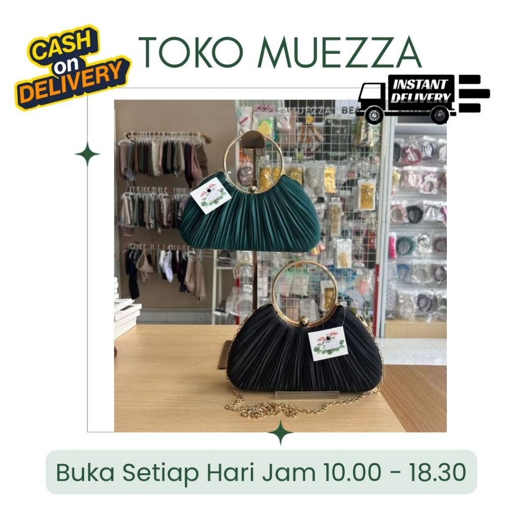 Muezza - Tas Clutch Pesta Satin Plisket Mewah Hitam Emerald