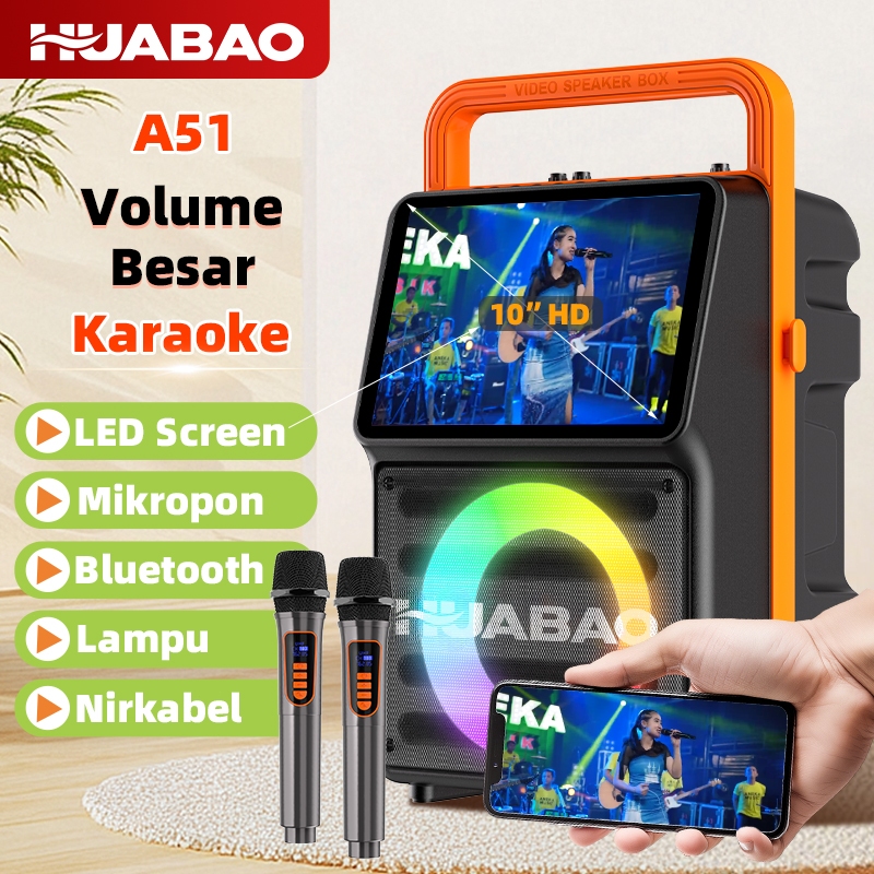 HUABAO A51 Karaoke Speaker Bluetooth 2 Mic Portable Party Monitor Screen Layar USB Video MP4 Player 