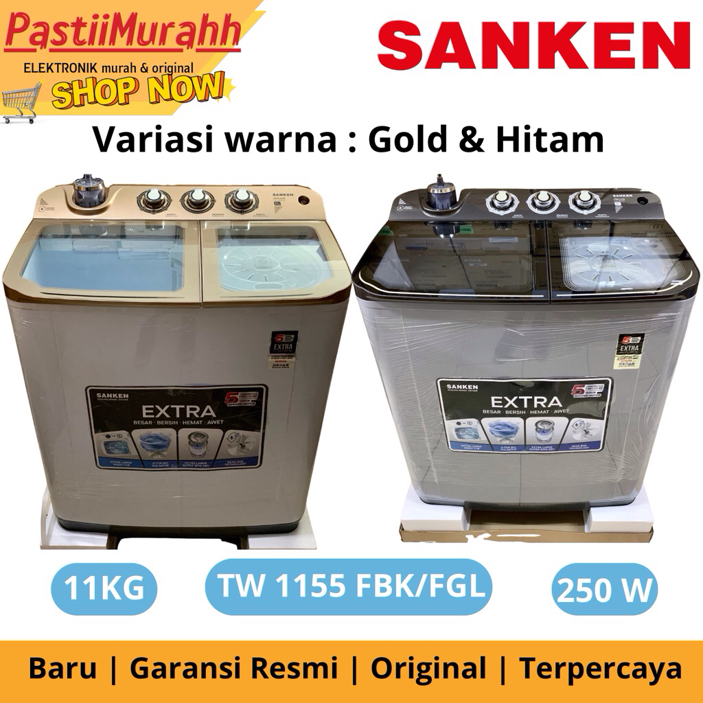 (DOUBLE BODI) MESIN CUCI SANKEN 2 TABUNG 11KG TW-1155 EXTRA LOW WATT PINTU SAFETY GLAS SOFT CLOSE GA