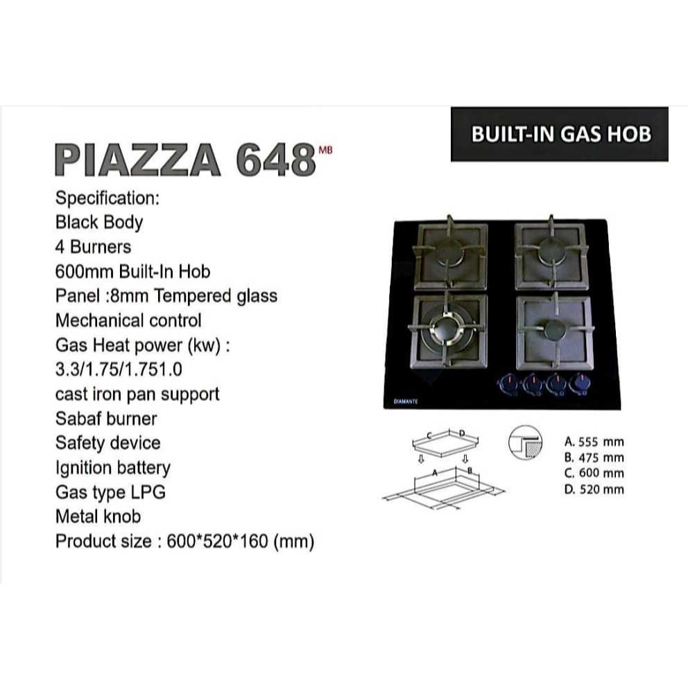 Kompor Tanam Diamante Piazza 648 [4 Tungku] Sabaf Burner