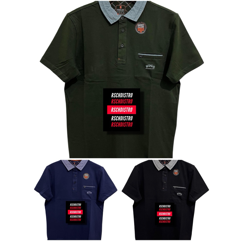 READY JUMBO BIG SIZE  Kaos Kerah Fashion Pria HUGO CLASS Original Combet Kombinasi Kerah Kantong Mot