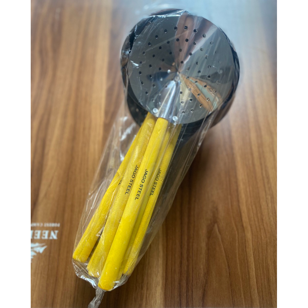 1LUSIN SEROK PENGGORENGAN KECIL/SEROK PENGGORENGAN PEGANGAN KAYU STAINLESS STEEL/PENIRIS GORENGAN MU