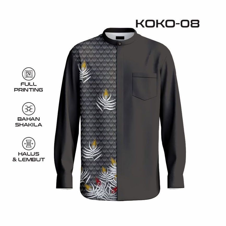 Kemeja Koko Pria Motif Series Ramadhan Mubarak Islamic Batik Bunga Printing KOKO-08 - Bahan Katun Le