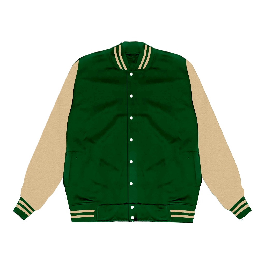 Defest id Varsity baseball Pria Wanita bahan Fleece Premium - Jaket Varsity Kancing Polos Hijau Crem