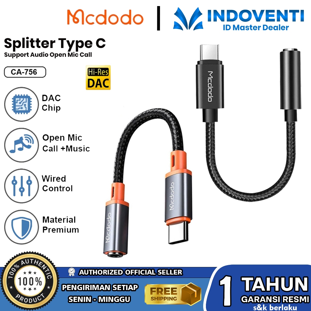 MCDODO Splitter Type C to Jack 3.5mm For Samsung Oppo Realme Vivo Support Audio Call Open Mic