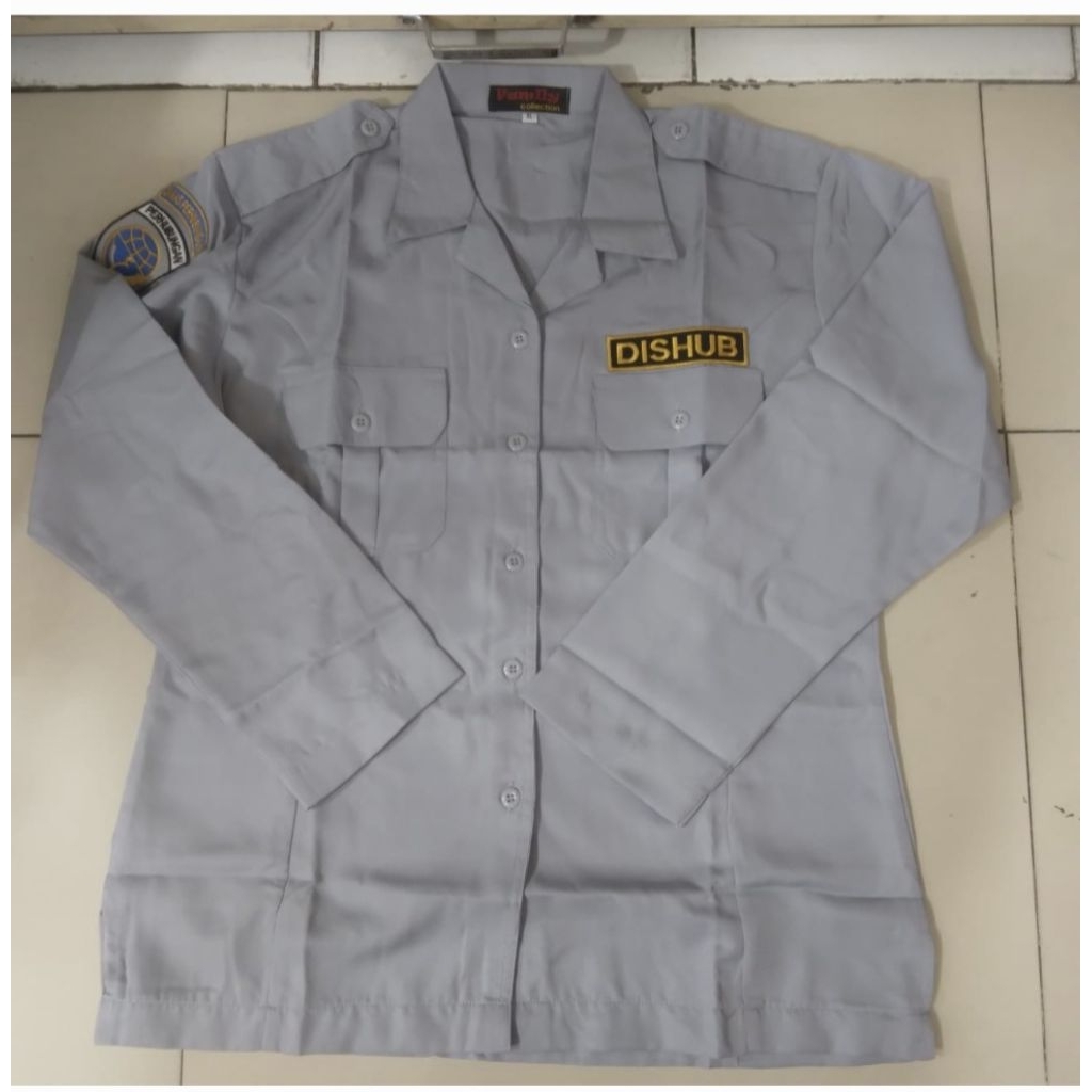 Kemeja dishub wanita + bed dishub dan tulisan dishub seragam dishub abu abu panjang wanita + bed bor