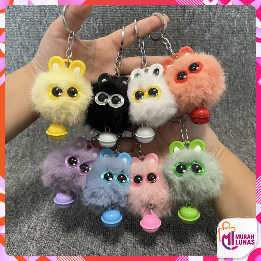 MUNAS  Gantungan Tas Kunci Boneka Bola Bulu Bermata Besar Gantungan Kunci Kelinci Dengan Lonceng Bag
