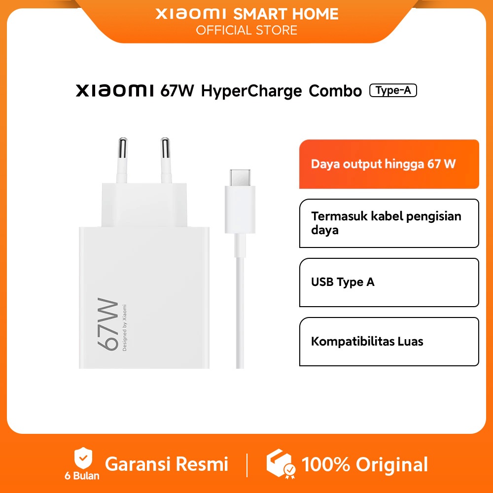 Xiaomi 67 W HyperCharge Combo Tipe A | Daya output hingga 67W | Kompatibilitas Luas | Desain Praktis