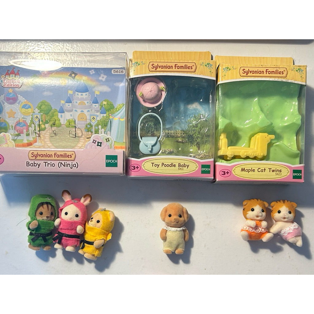 Sylvanian families baby trio ninja toy poodle baby maple cat twins preloved
