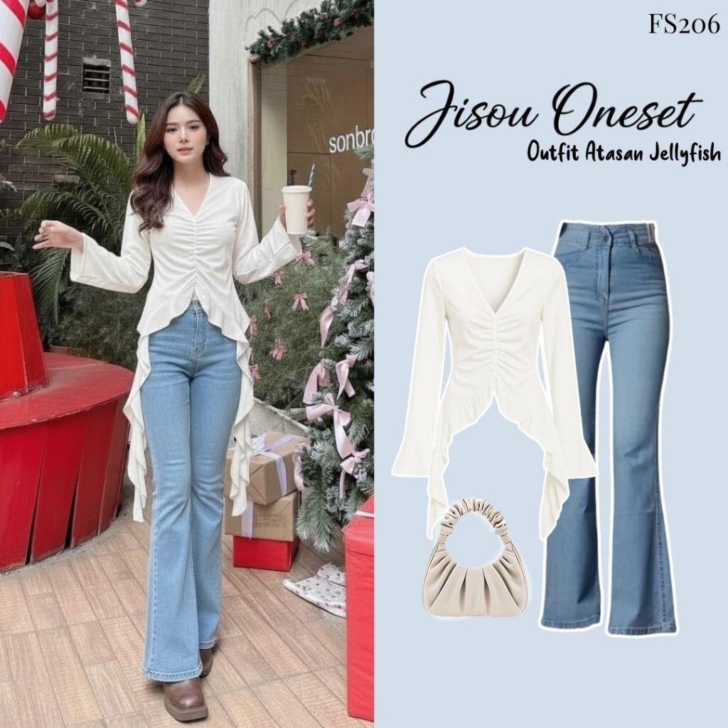 Jisou Oneset ( Blouse Ruffle, Cutbray Jeans, Tas) 3in1 Atasan Jellyfish Outfit Jisoo Blackpink|FS206