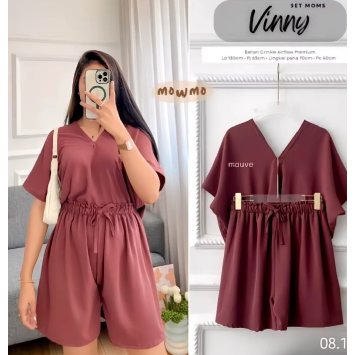 Set Vinny Setelan Pendek Cringkle Setelan Nagita V Neck Oneset Wanita Cringkle Airflow Setelan Nina 