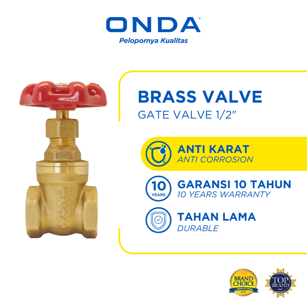 ONDA Brass Valve Pengatur Aliran Air Kuningan Anti Bocor dan Tahan Lama GATE VALVE 1/2"