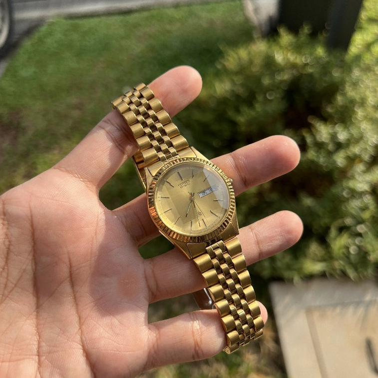 (Terjual) Jam Tangan Vintage Pria Citizen President Day Date - Fluted Bezel - JDM - Gold Tone